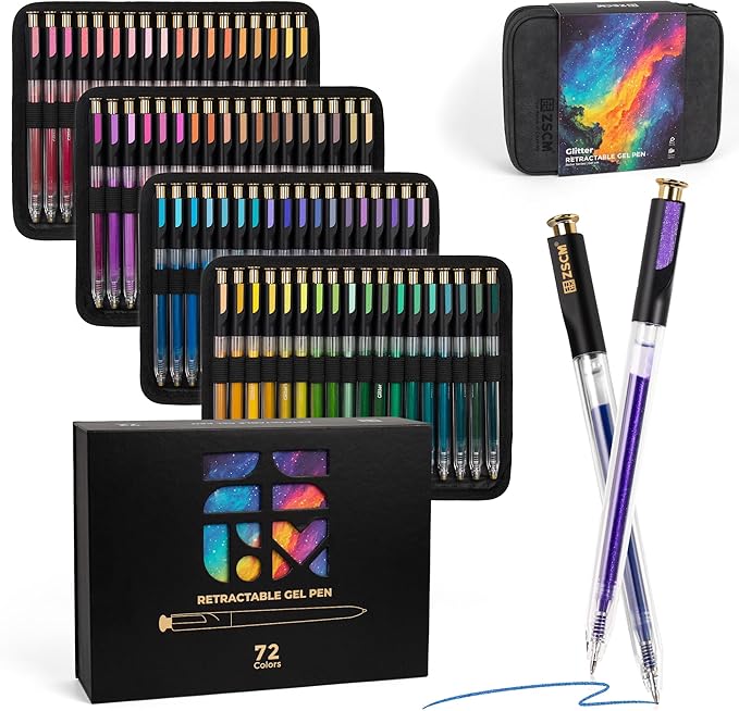 Retractable Glitter Gel Pens,72 Colors Large Capacity Multicolor Glitter Metallic Gel Ink Pens, 1 mm Fine Point Smooth Writing Color Pens for Adult Coloring Book Note Taking Aesthetic Art Supplies