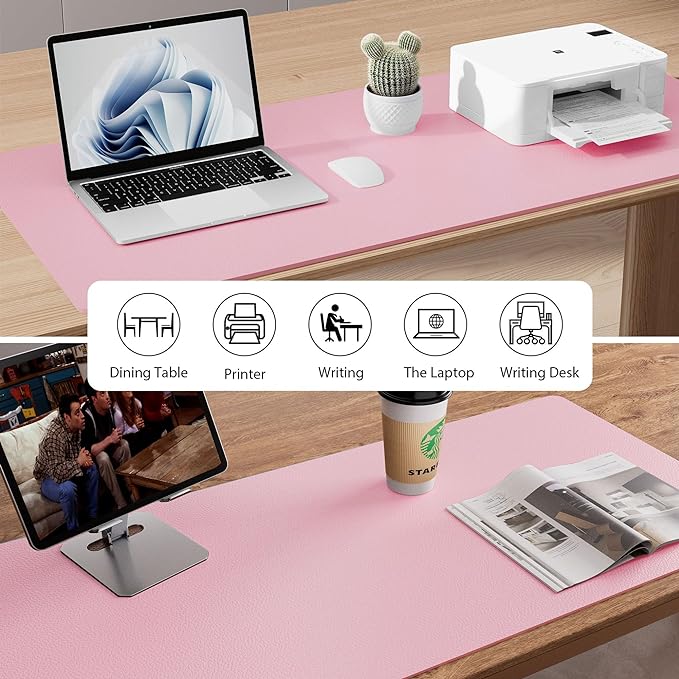 Aothia Leather Desk Pad Protector, Mouse Pad, Office Desk Mat, Non-Slip PU Leather Desk Blotter, Laptop Desk Pad, Waterproof Desk Writing Pad for Office and Home (36" x 17", Fairy Pink)