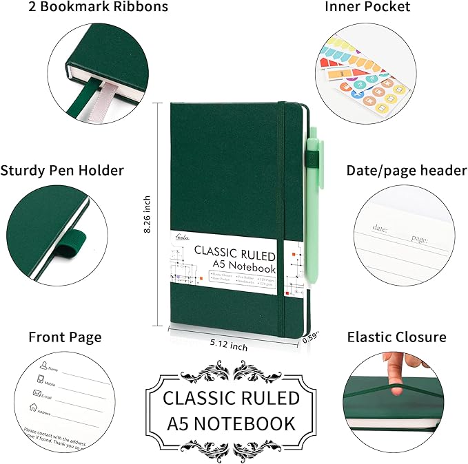 feela 12 Pack Notebooks Journals Bulk with 12 Black Pens, A5 Hardcover Notebook Classic Ruled Journal Set with Pen Holder for School Business Work Travel Writing, 120 GSM, 5.1”x8.3”, Dark Green