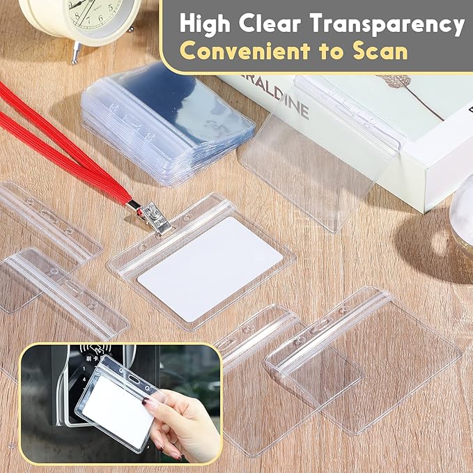 Marspark 50 Pieces Clear Plastic Horizontal Name Badge ID Card Holders with Waterproof Type Resealable Zip, 3.54 x 2.36 in, Transparent PVC Sleeve for Office Back to School Supplies
