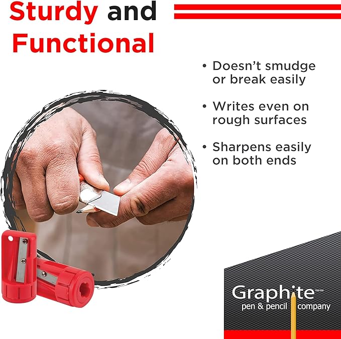 GRAPHITE Hard Lead Carpenter Pencils Bulk - (1) Pack of 12 Pieces Lumber Wooden Pencil #2 (HB) - Yellow