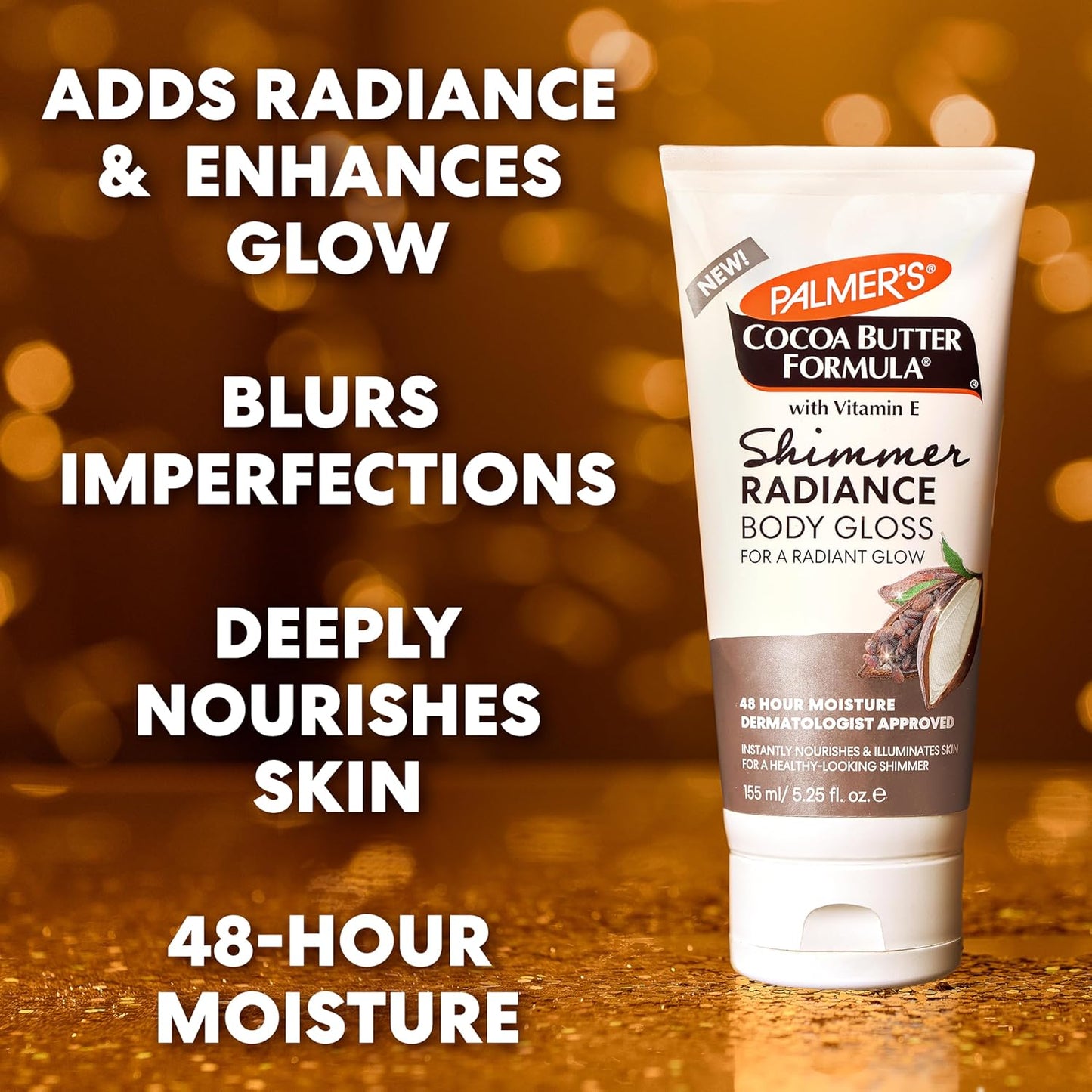 Palmer's Cocoa Butter Formula Shimmer Body Lotion with Vitamin E, 5.25 Fl Oz, Radiance Body Gloss, Help Blur Veins, Cellulite, Marks, 48 Hour Moisture