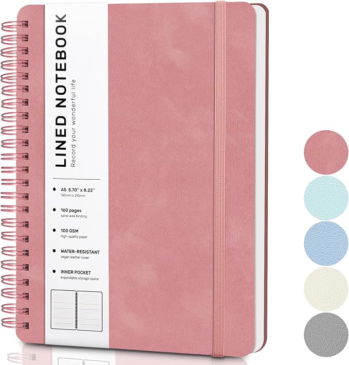 Light Red Lined Spiral Journal Notebook with 160 Pages, 8×5.7in, A5 Spiral Notebook, Journaling Notebooks for Work, School, Women, Men, College Ruled Spiral Notebook, Hardcover Leather Journals