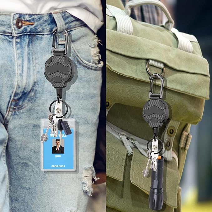 VYNCS Retractable Keychain Badge Holder with Belt Clip, Heavy Duty Carabiner ID Badge Clip Reel, 32” Steel Retractable Cord, 10 oz Rebound，2pcs Black Keychain