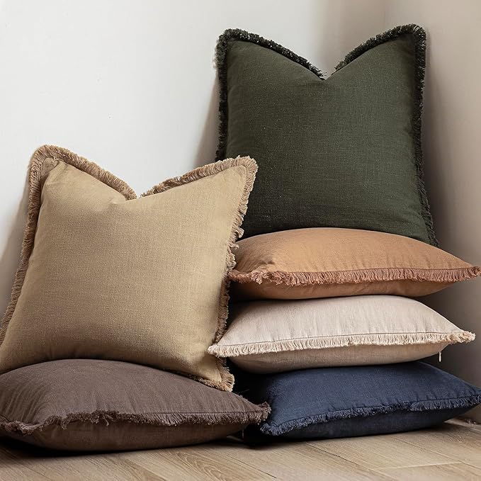 Foindtower Set of 2 Decorative Linen Fringe Throw Pillow Covers Farmhouse Cushion Cover with Tassels Soft Accent Pillowcase for Couch Chair Sofa Bed Living Room Home Decor,24×24 Inch,Light Khaki Taupe