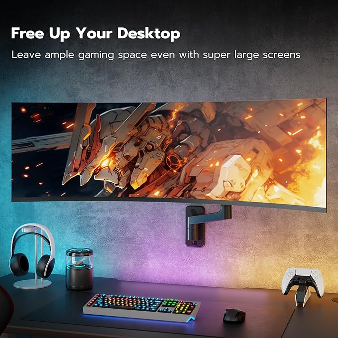ARES WING Wall Mount Monitor Arm for 17-49 Inch Ultrawide Screens, Heavy Duty Single Monitor Mount Holds 44 lbs, Fully Adjustable Gas Spring Wall Mount, 75x75/100x100 VESA Mount, Black