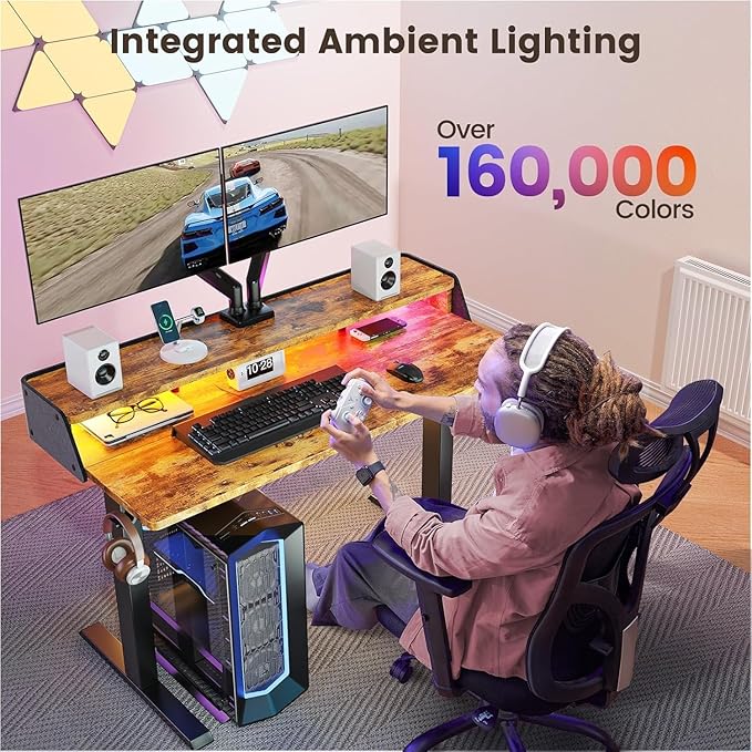 ErGear Standing Desk with LED Strip, 48″ x 24″ Electric Height Adjustable RGB Gaming Table with Shelf, Sit Stand Desk with Dual Cable Holes, C-Clamp Mount Compatible, 4 Preset Heights, Vintage Brown