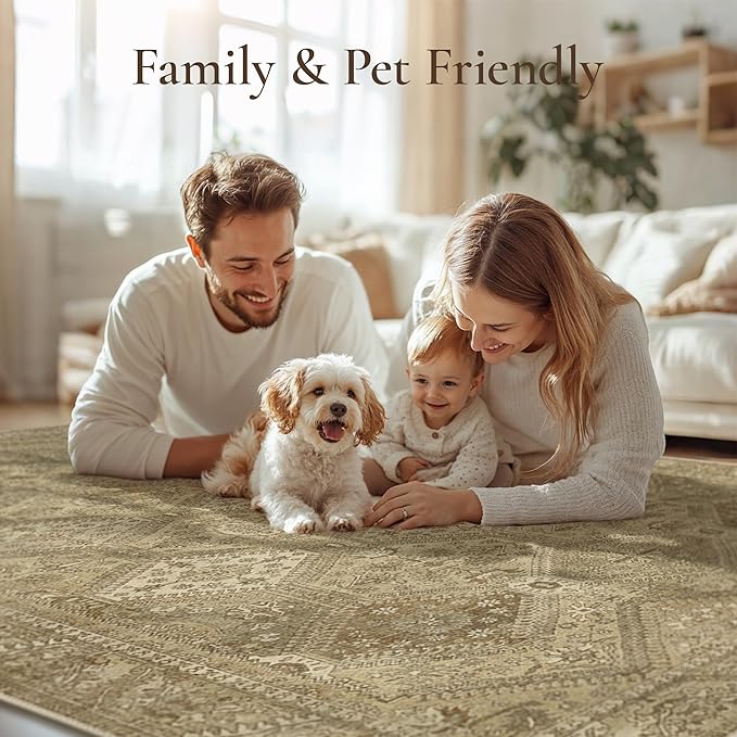 GENIMO 8x10 Area Rugs for Living Room, Machine Washable Non Slip Vintage Rugs, Low Pile Lightweight Print Rug for Bedroom, Dining Room, Home Office, Tan Brown