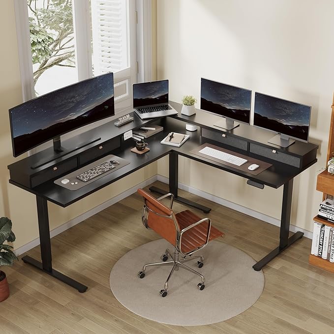 FLEXISPOT 71" Large L Shaped Standing Desk Electric Corner Table with Shelf, 4 Storage Drawers, Adjustable Computer Workstation for Home, Office, Game, Studio, Black Top + Black Frame