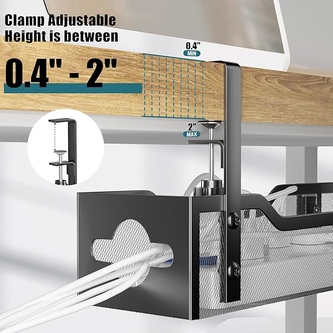 Under Desk Cable Management Tray Black, Litwaro Cable Management Under Desk No Drill, 25'' Cable Tray with Clamp for Wire Management, Cord Organizer for Office, Home - No Damage to Table