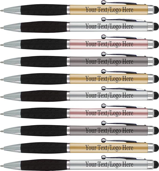 SyPen Personalized Pens With your Custom Logo or Text-300 Pack Bulk-for Businesses, Parties, and Events, 2 in 1 Ballpoint Pen & Stylus for Touchscreen Devices, Light Assorted Barrels, Black Ink