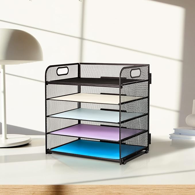 Supeasy 5 Trays Paper Organizer Letter Tray with Handle-Mesh Desk File Organizer, Paper Sorter Desk Organizer for Office, Home or School