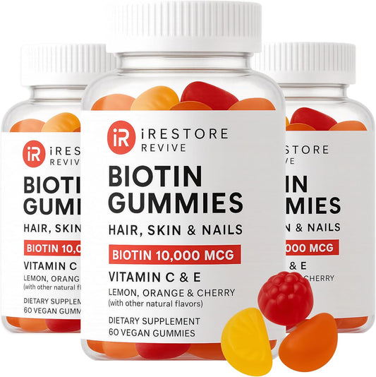 iRestore Hair Gummy Vitamins, Vegan Biotin Gummies for Hair Skin and Nails, Hair Growth Gummies for Women & Men, Biotin 10,000mcg, 3PK