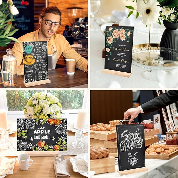 Bouiexye 3 Pack 8.1x12 in Chalkboard Signs with Stand for Tables Small Chalk Board Signs Tabletop Message Board Sign with Wood Base for Home Decorations Coffee Shop Restaurant Kitchen Wedding Party