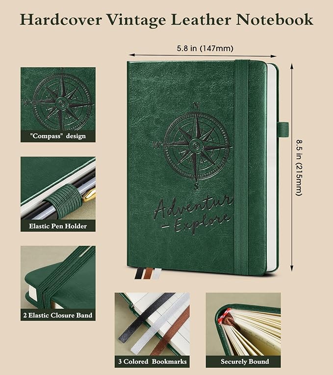 PAIBAS Lined Journal Notebook for Women Men, 160 Pages, A5 Hardcover Vintage Leather Journaling Notebooks for Work, School, Note Taking, Travel, Bible Study, Daily Diary for Writing 5.8"x8.5" (Green)