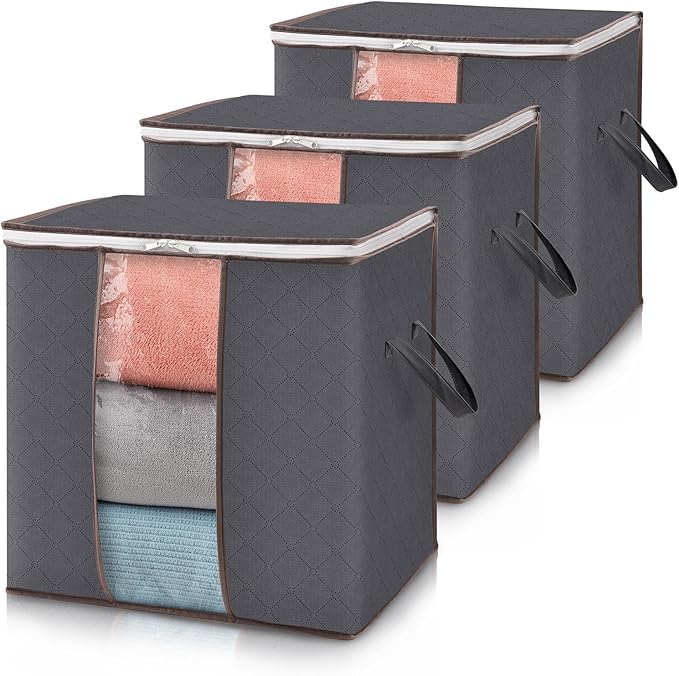 Lifewit 3 Pack Clothes Storage Bins with Lids, Foldable Blanket Storage Bags with Zippers, Clear Window and Reinforced Handles, Closet and Organization for Clothing, Sweater, Comforter, Bedding, Gray