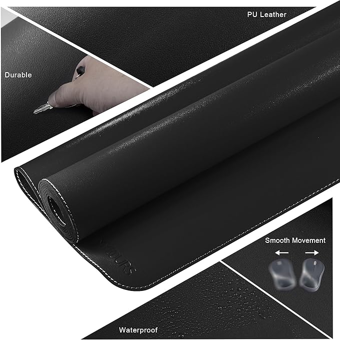 Mydours Extra-Long 67" x 24" Desk Mat, PU Leather Surface with Seamless Stitching, Wide Desk Blotter for Multiple Monitors, Durable Writing Pad and Gaming-Friendly Mouse Surface (Black)