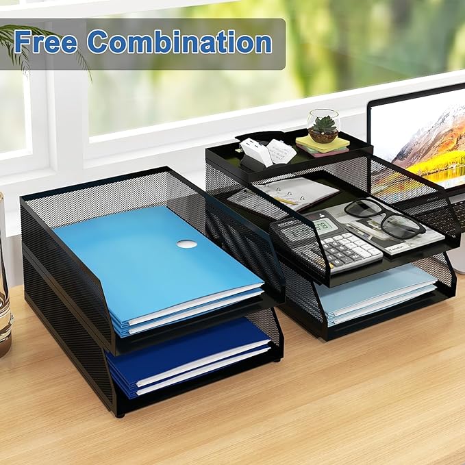Natwind 4-Tier Desk Organizer,Stackable Paper Tray, Desk Accessories,Metal Mesh Desktop Organizer, Paper Sorter, Letter Trays,File Document Storage Rack for for Home, Office, School (Black)