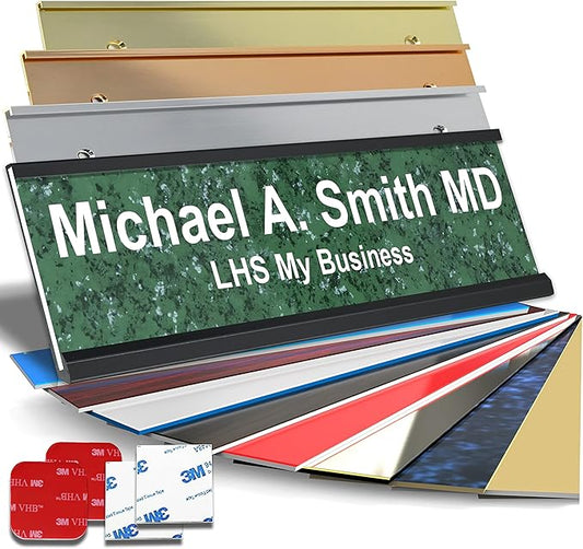 Personalized Name Plate with Choice of Mounting Holders for Walls, Doors, Cubicles, Hanging and More - Custom Verde Green Marble Plastic White Letters - USA Made 2x6 - S4