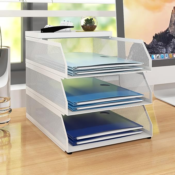 Natwind 3-Tier Stackable Paper Tray, Metal Mesh Desktop Organizer, Paper Sorter, Letter Trays,File Document Storage Rack for for Home, Office, School (White)