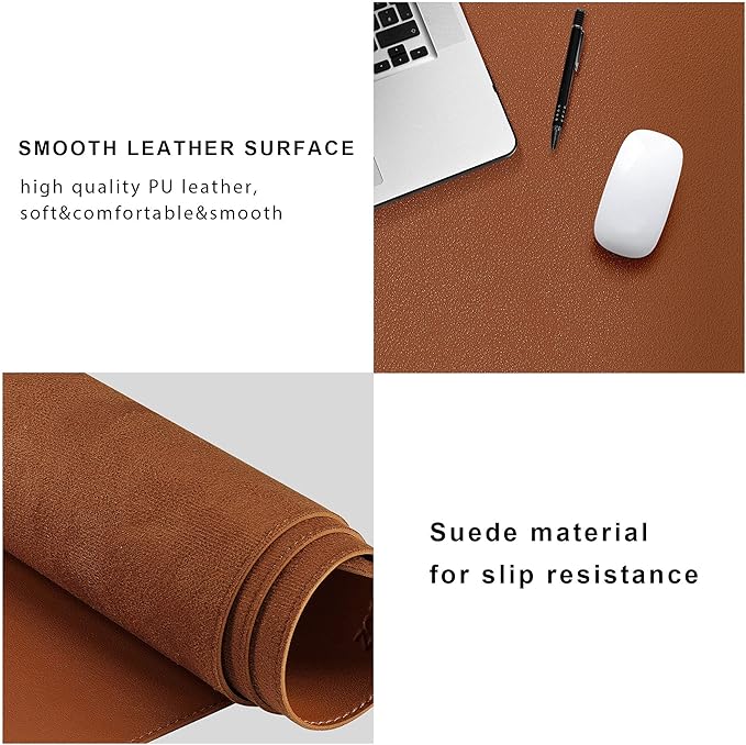ZORESYN PU Leather Desk Mat Waterproof Anti-Oil Dining Table mat - 66.9" x 19.7" - Non-Slip Mouse Pad,Large Desk Pad with Suede Base,Stitched Edges Computer Desk Mat for Gamer,Office & Home | Brown