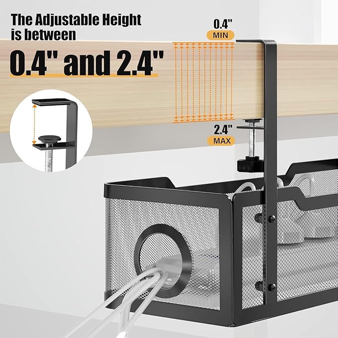 2 Pack Under Desk Cable Management Box Black, Cinati 26.8" Wire Organizers No Drill, Cord Organization Tray with Clamp for Office, Home - No Damage to Desk
