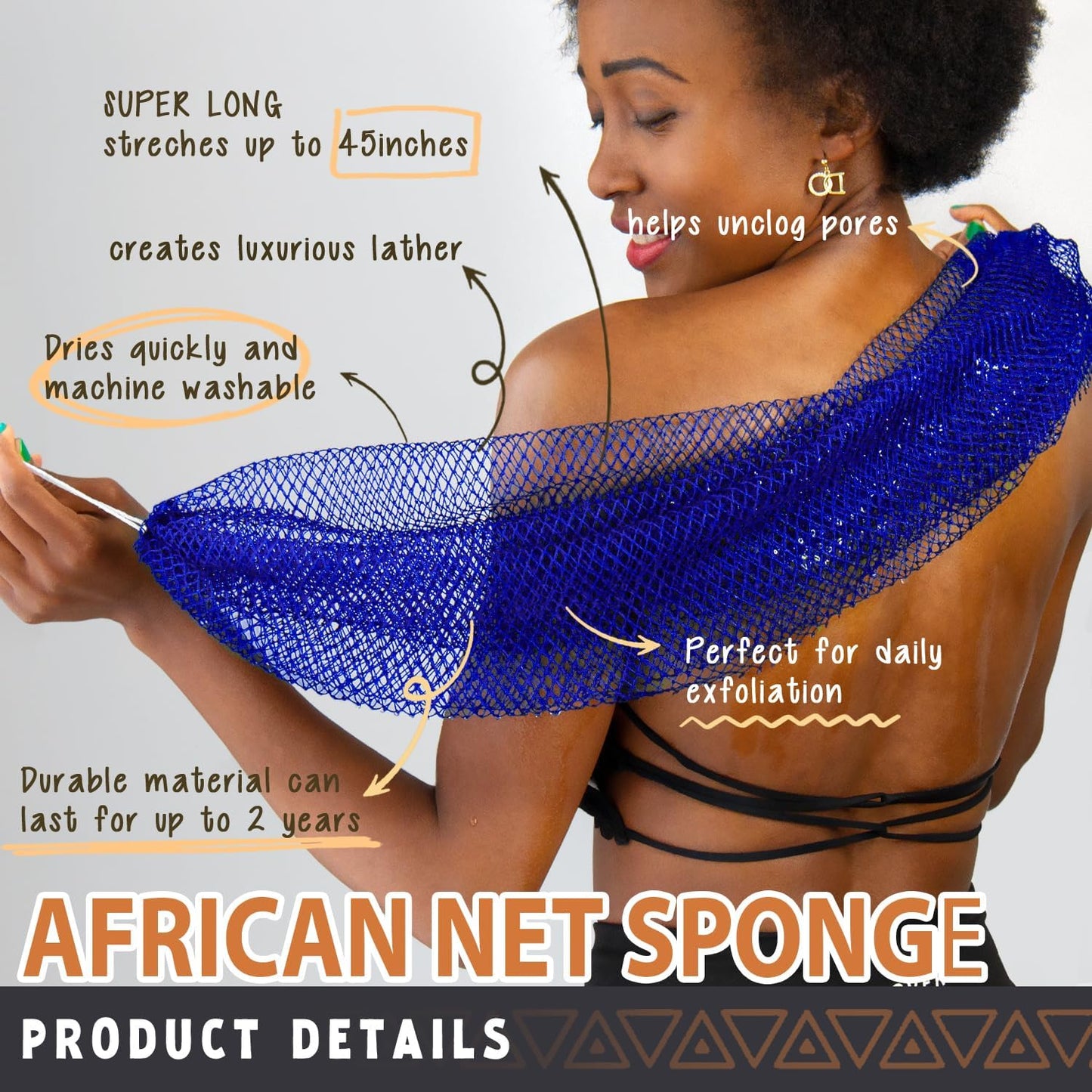 African Net Sponge Authentic - 2 Pieces African Exfoliating Net Bath Sponges for Shower Navy&Yellow - Body Scrubber Exfoliator Loofah Wash Cloth - Afro Back Scrub for Women Bathing Accessories