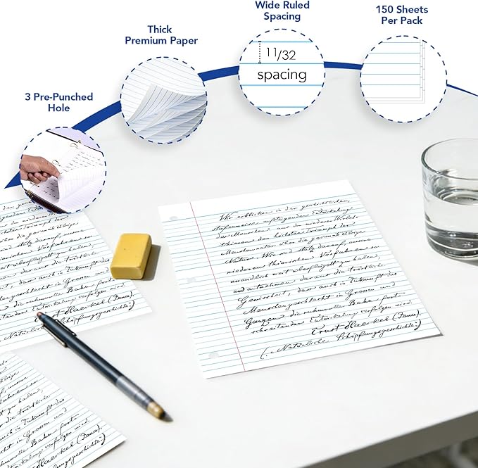 Kaisa loose Leaf Paper Filler Paper 150 Sheets 8"x10.5",Wide Ruled, 3-Hole Punched for 3-Ring Binders, Carton of 12pack