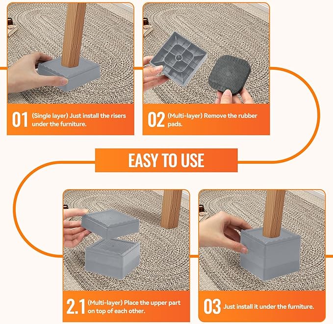 shouwuhho Furniture Risers, 4 Pack Bed Risers with Non-Slip Grip and Heavy Duty Support, 1 Inch 2 Inch 3 Inch 4 Inch Height Lift for Couch, Sofa, Table, Desk, Chair, Refrigerator - Gray, 1+1 Inch