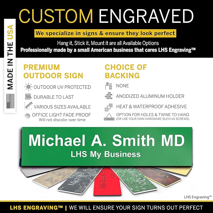 Custom Name Plate with Choice of Mounting for Walls, Doors, Cubicles, Hanging and More - Personalized Green Plastic White Letters - USA Made 2x12 - B6