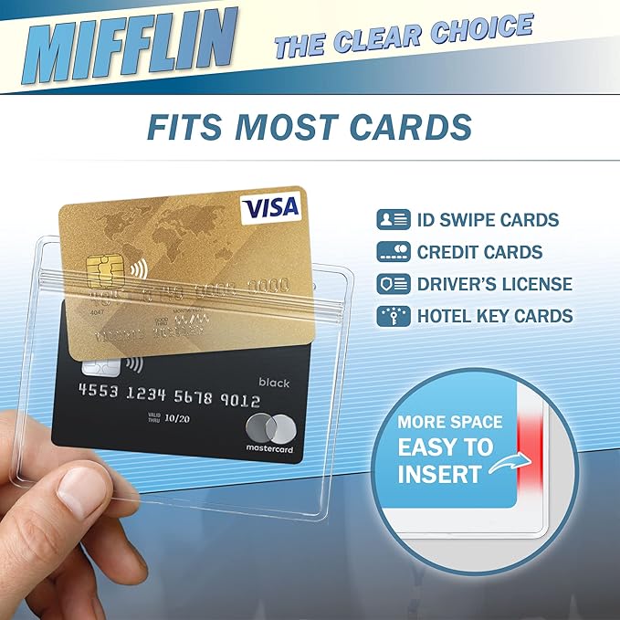 Mifflin-USA Horizontal Card Protector with Metal Clip and Vinyl Straps (Clear, 4x3 Inch, 250 Pack), Waterproof PVC ID Name Badge Holder with Clip