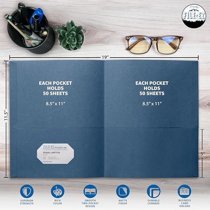 FILE-EZ Two-Pocket Folders, Dark Blue, 125-Pack, Textured Paper, Letter Size (EZ-32423)