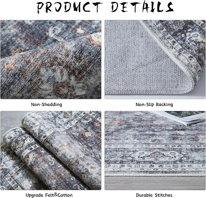 Rugcomf Runner Rug for Hallways Kitchen Non Slip 2'x 6' Washable Rugs with Rubber Backing Soft Floral Carpet for Hallways, Kitchen, Laundry, Bedroom, Bathroom(Grey)