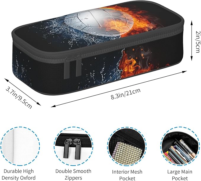 Sports Volleyball Pencil Box Black Kids Teens Pencil Pouch for Boys Girls, Big Capacity Canvas Pen Holder Marker Case, Portable Travel Storage Bag Stationery Organization Bag Desk Office Organizer
