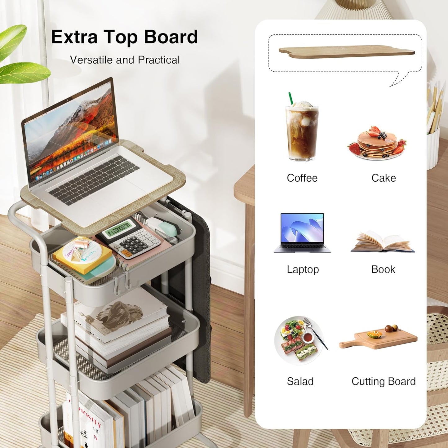 DTK 3 Tier Metal Utility Rolling Cart with Table Top and Side Bags, Tray Storage Organizer Wheels, Art Craft 4 Hooks for Kitchen Bathroom Office Living Room(Grey)