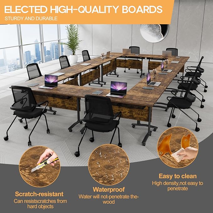 Folding Conference Table 4ft 5ft, Foldable Office Meeting Desk for 6 People, Multiple Sizes Colors Mobile Conference Room Table for Training Room School Business Furniture (6, Brown, 47in)