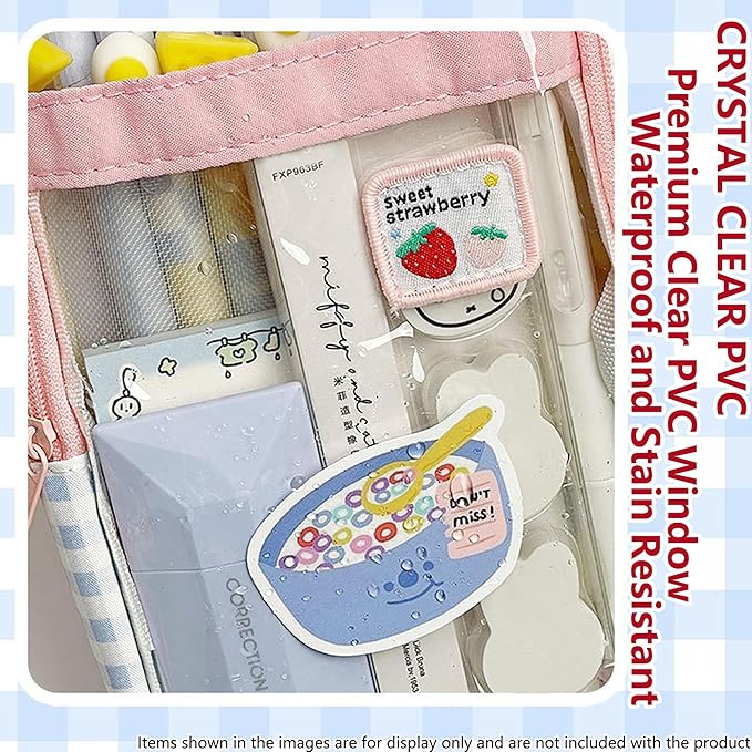 UINSUE Cute Pen case Adorable Bunny Transparent 3-Layer Large Capacity Pencil Case Gadget organizer with Lovely Stickers (Blue Plaid)