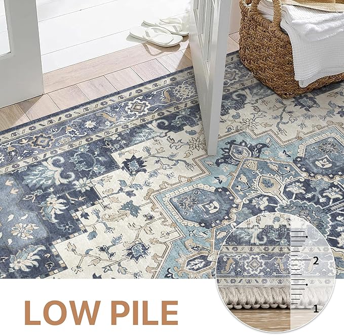 GENIMO 6x9 Area Rugs for Living Room, Machine Washable Non Slip Vintage Rugs, Low Pile Lightweight Chenille Print Rug for Bedroom, Dining Room, Home Office, Center Blue