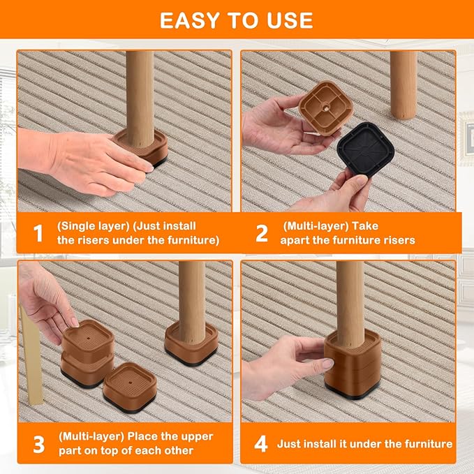 shouwuhho 9 Pack Furniture Risers Adjustable Bed Risers Heavy Duty Lifts Height 1", Square Stackable Bed Risers 1, 2 or 3 Inch for Desk Leg Table Couch Sofa Chair Bed Frame Legs Dorm, Brown
