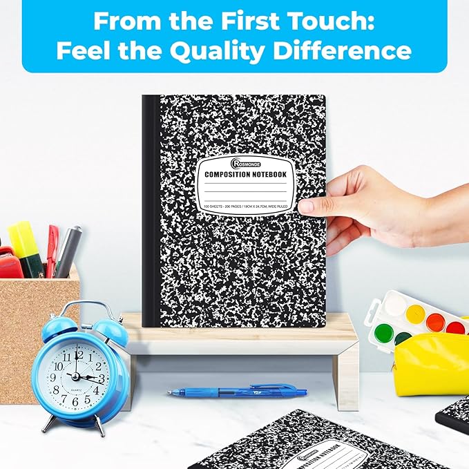 Rosmonde 50 Pack Composition Notebooks Bulk Wide Ruled, 200 Pages (100 Sheets), 9-3/4 x 7-1/2, Hard Cover, Bulk Black Marble Composition Notebook, Bulk Office Notebooks, Bulk Notebooks School Supplies
