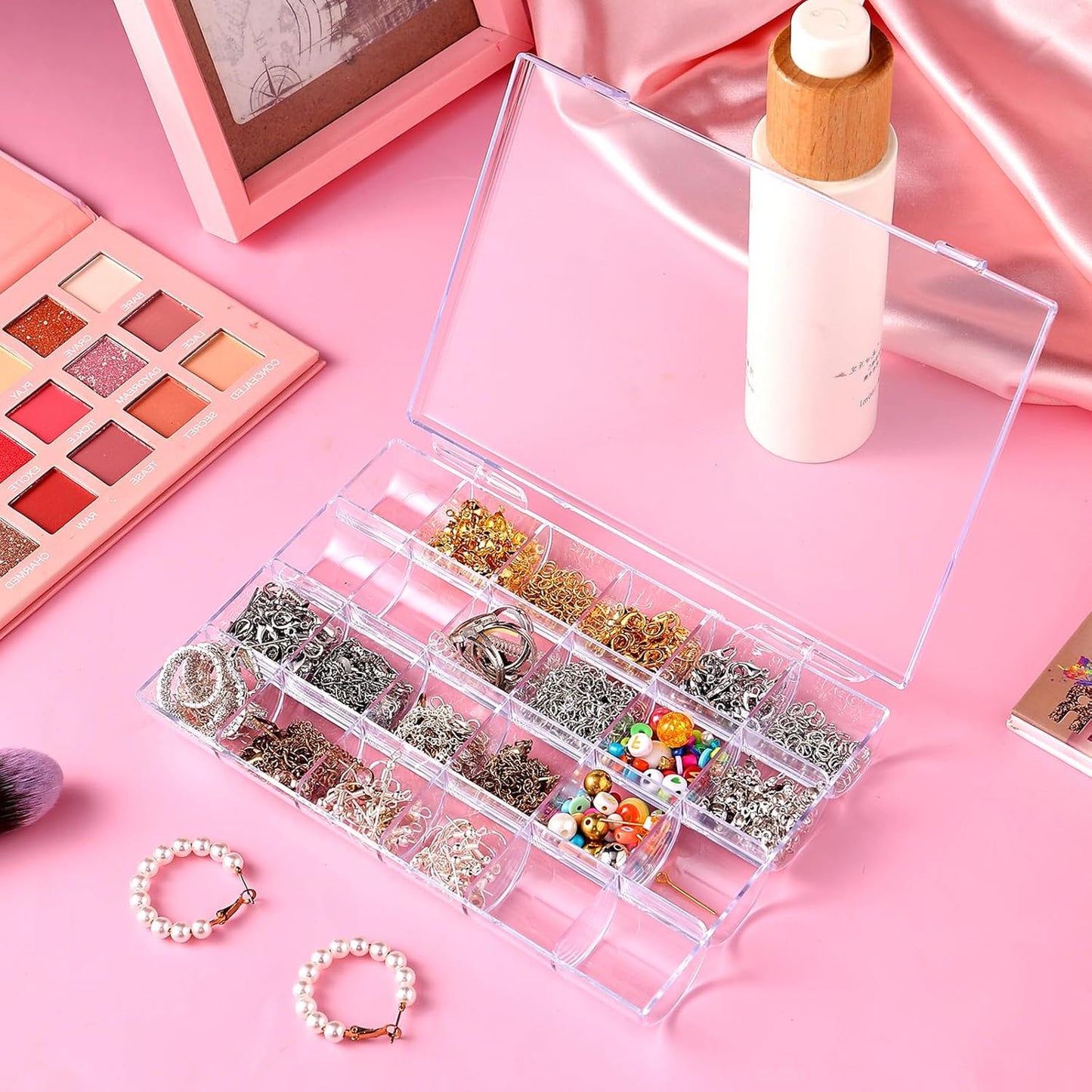 24 Grids Plastic Bead Organizer Box, Acrylic Jewelry Box Organizer Container Nail Rhinestone Display Case for Craft Beads Jewelry Small Parts Sewing Items (Clear)