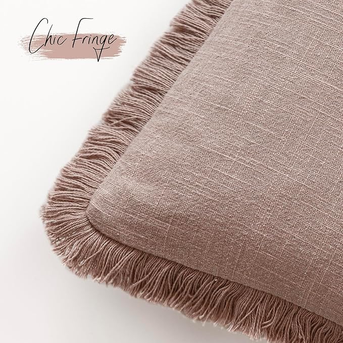 Foindtower Set of 2 Decorative Linen Fringe Throw Pillow Covers Boho Farmhouse Cushion Cover with Tassels Soft Accent Pillowcase for Couch Sofa Bed Living Room Home Decor,16×16 Inch,Dusty Pink