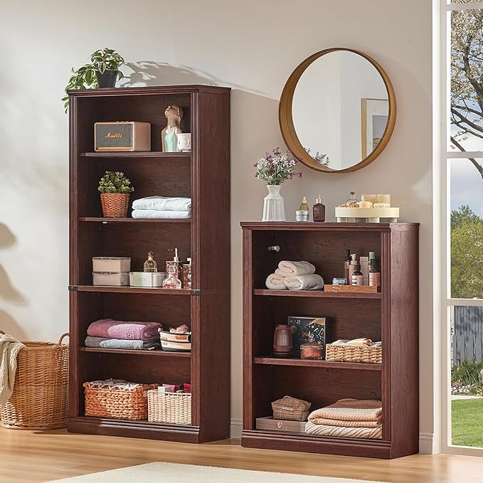 RWYHG 43" Walnut Tall Bookshelf Set of 2,3-Tier Thick Wooden Book Shelf with Adjustable Shelves,Free Standing Farmhouse Bookcase with Open Display Storage,Floor Vintage Bookshelves for Living Room