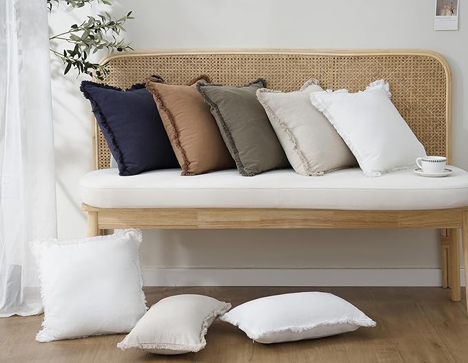 Foindtower Set of 2 Decorative Linen Fringe Throw Pillow Covers Cozy Boho Farmhouse Cushion Cover with Tassels Soft Accent Pillowcase for Couch Sofa Living Room Home Decor, 26×26 Inch, Natural Beige