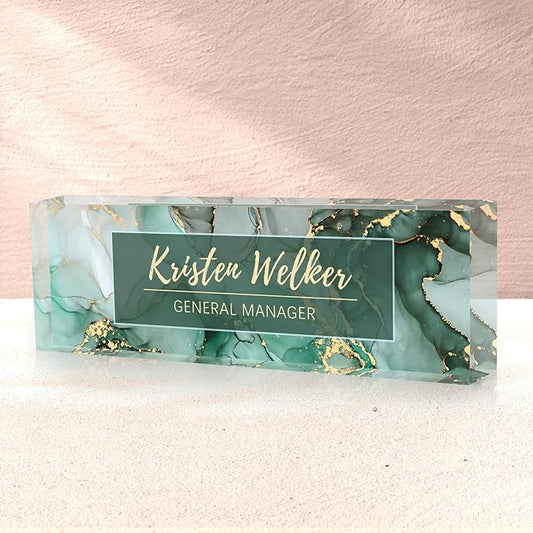 Custom Name Plate for Desk, Desk Name Plate Personalized, Office Decor for Women Men, Acrylic Desktop Accessories, Office Gifts for Coworkers Boss Teacher, Employee Appreciation Gifts (Green/Gold)