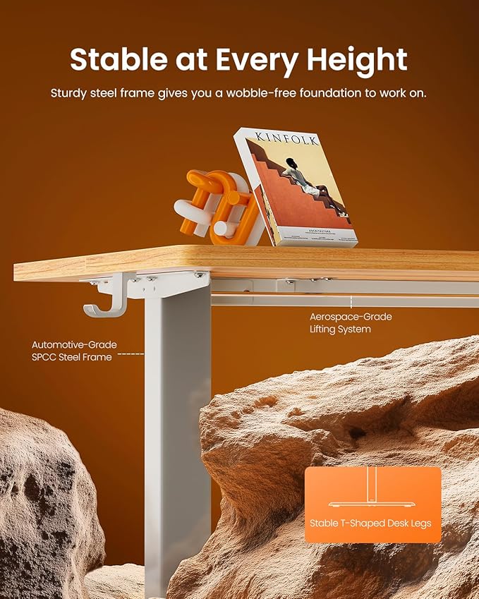 ErGear Height Adjustable Electric Standing Desk, 63 x 28 Inches Sit Stand up Desk, Large Memory Computer Home Office Desk with Two-Piece Desktop (Light Vintage Brown)