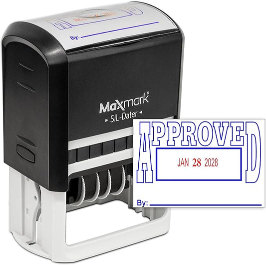 MaxMark Large Self-Inking Rubber Date Office Stamp with Approved Phrase & Date - Blue/Red Ink, 12-Year Band - Style 5
