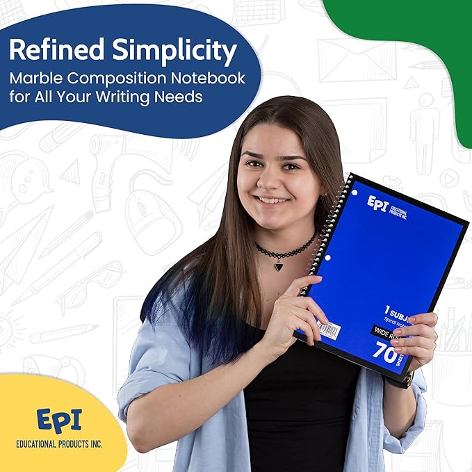 EPI Spiral Notebook | Wide - 70 Sheets, Durable Spiral Binding | 10.5 x 8 in | Classroom Supplies | School, Office, Note Taking, Journaling - 12 Pack
