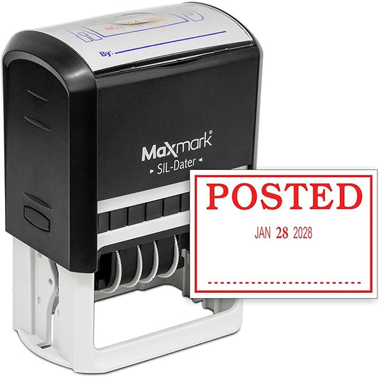 MaxMark Large Self-Inking Rubber Date Office Stamp with Posted Phrase & Date - Red Ink, 12-Year Band - Style 3