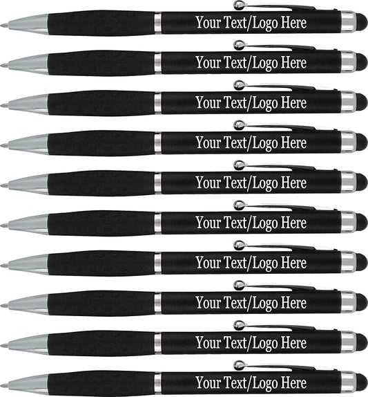 SyPen Personalized Stylus Pens With your Custom Logo or Text-600 Pack Bulk-for Businesses, Parties, and Events, 2 in 1 Ballpoint Pen & Stylus for Touchscreen Devices, Black Barrel, Black Ink